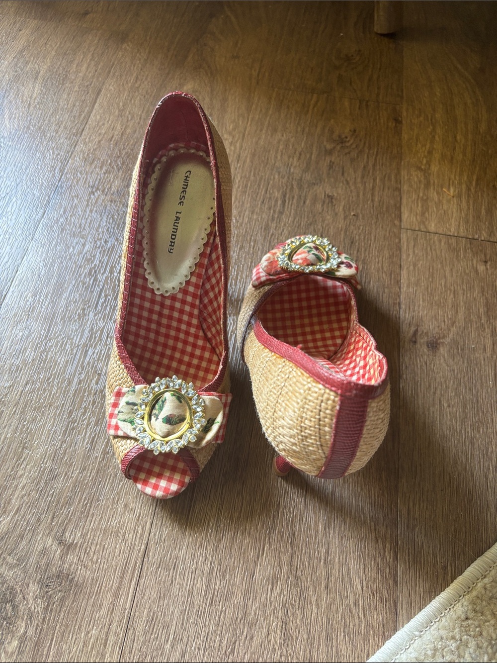 Chinese Laundry Red Gingham Peep-Toe Raffia Heels